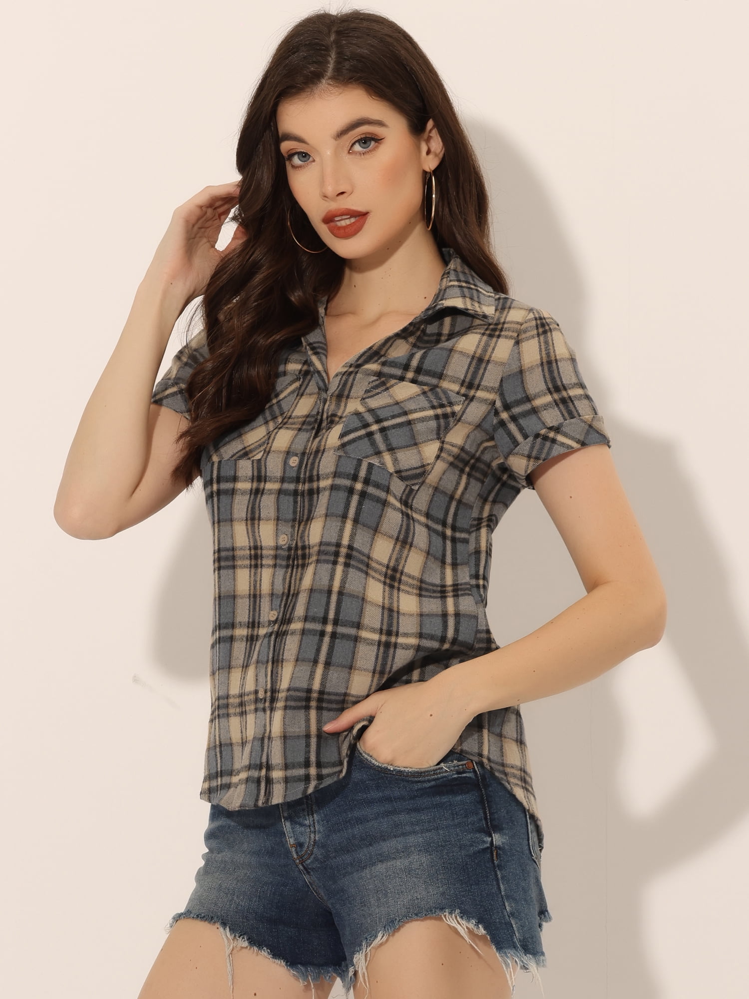 DARING DIVA Women's Casual Boyfriend Plaid Button Down Flannel Shirt M Brown Black