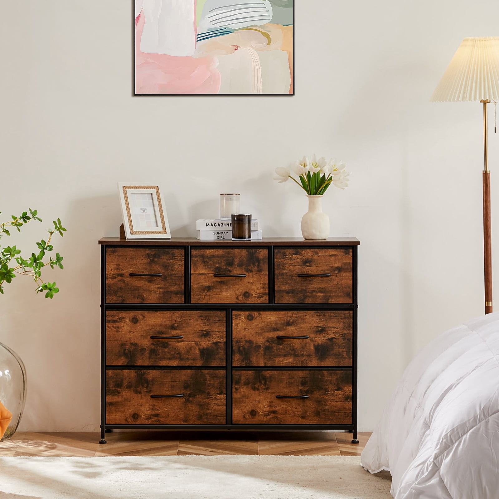 MCQ 7-Drawer Fabric Dresser with Metal Frame & Wood Top – Storage Organizer for Bedroom, Closet, Entryway, Rustic Brown