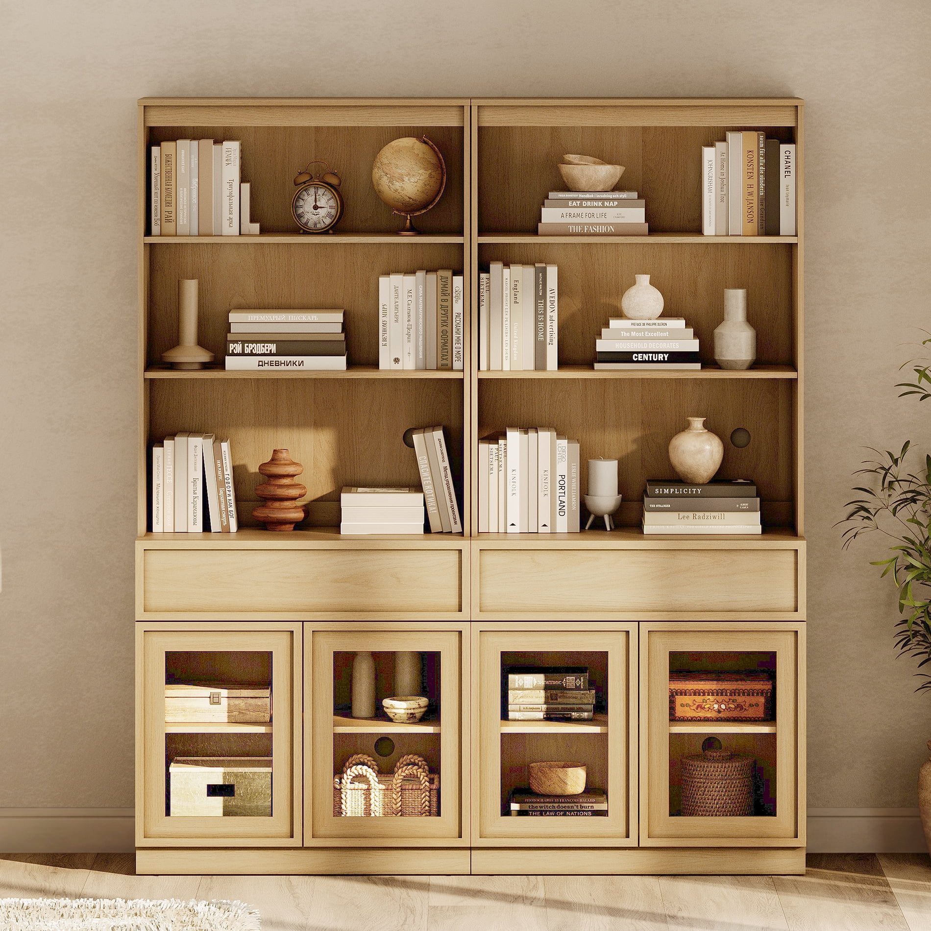 Modern 72" Tall Bookshelf with Glass Doors & Drawers, Library Bookcase with Storage Cabinet and Open Shelves,Oak