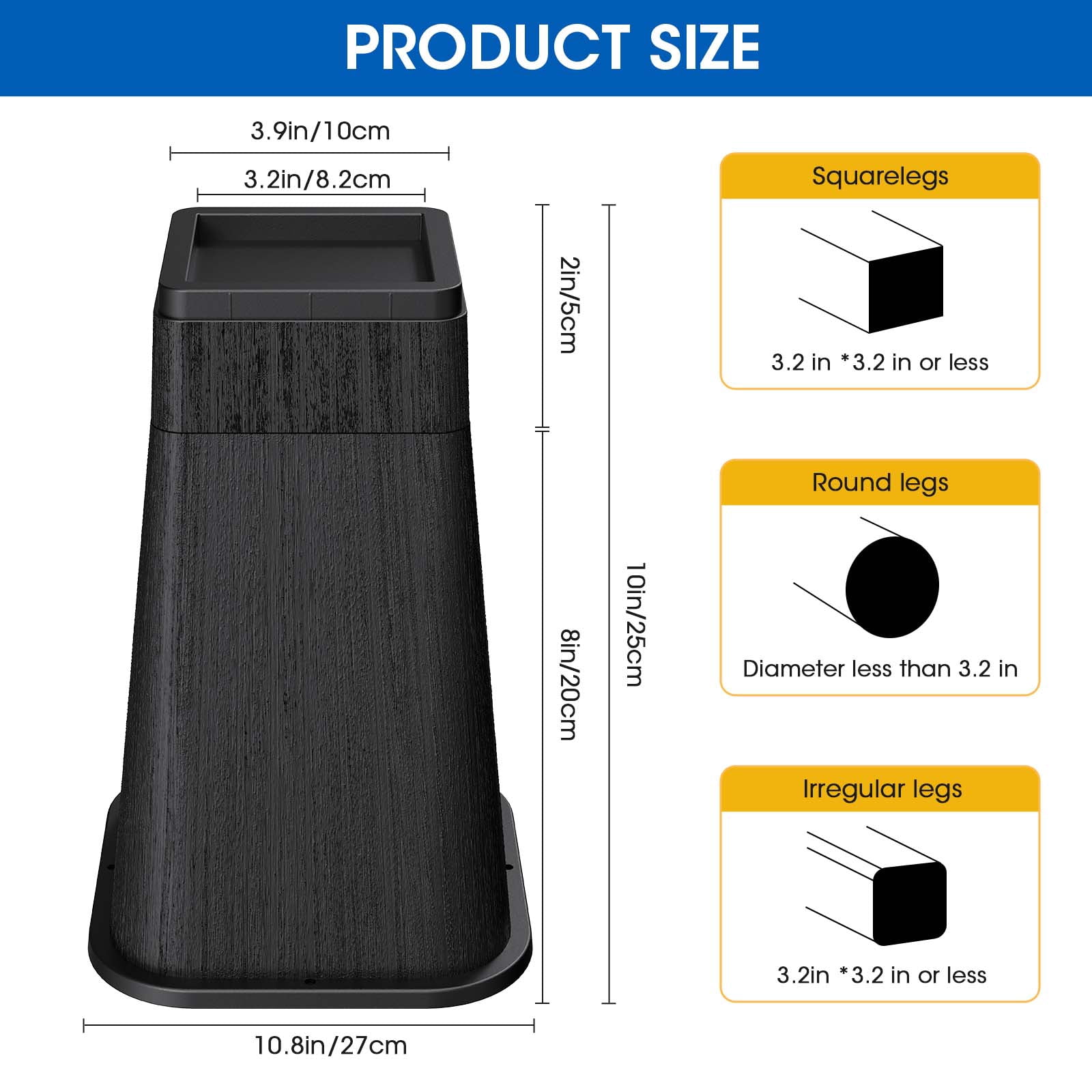 Bed Risers 10 Inch Heavy Duty, Stackable Furniture Risers Lifts 2inch 8inch, 10inch for Table, Desk Leg, Sofa, Couch, Supports Up to 6,000 Lbs, Black, 4 Pack