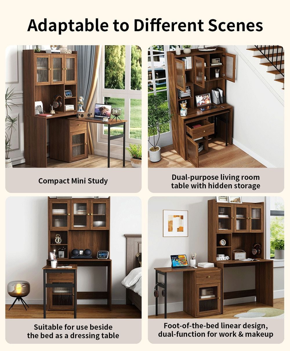LUMAMIN Rotating Computer Desk, L Shaped Desk Writing Table Home Office Workstation with 90° Extendable Desktop, Glass-Door Cabinets, Bookshelf & Hutch, White