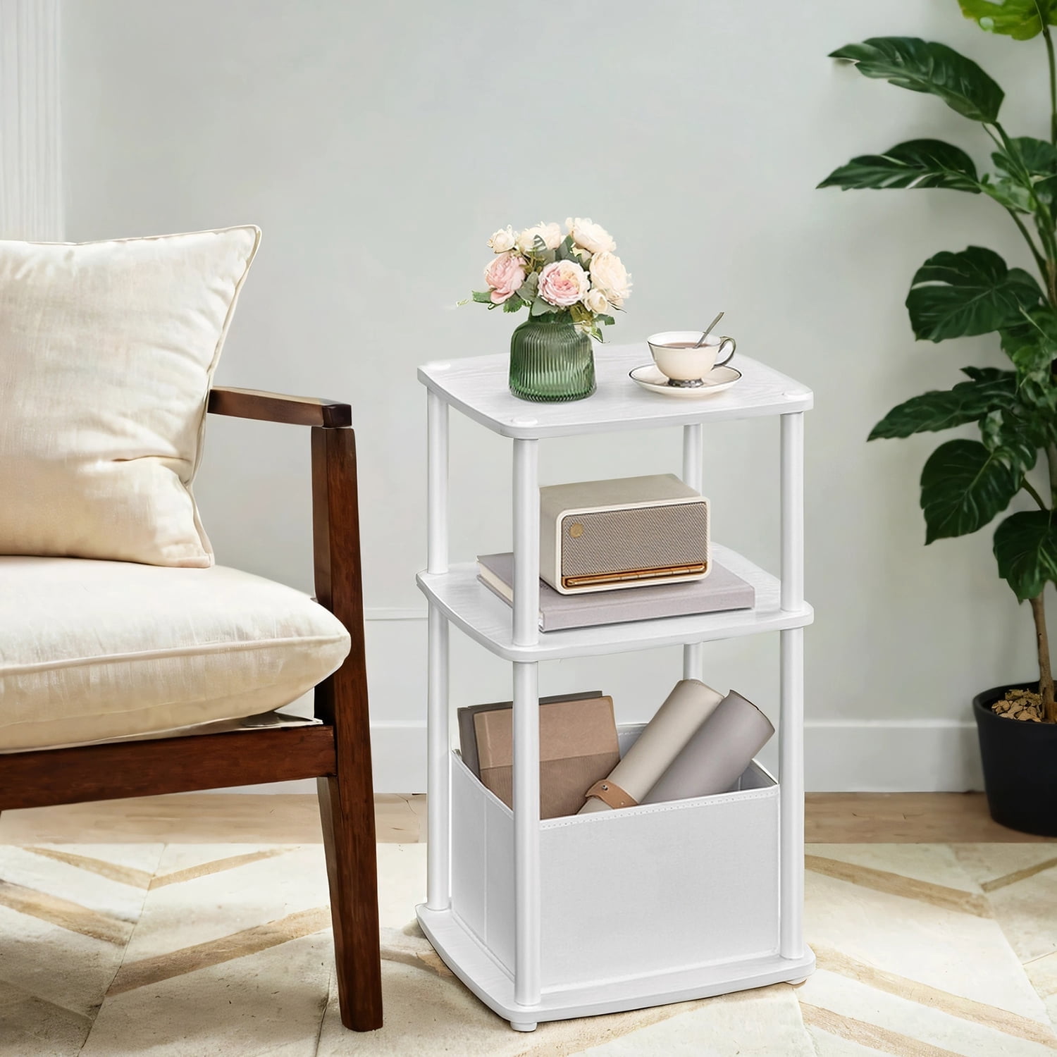 LEDREM 3-Tier End Table with Fabric Basket Storage, Nightstand for Bedroom & Living Room, Space-Saving Tool-Free Assembly , White