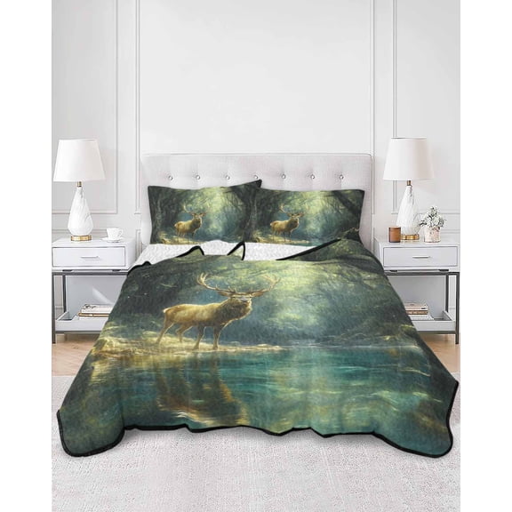 Quilts King Size, Green Forest Deer Soft Comforter Bedding Set for Bed, Fantasy Vintage Nature Scenery Lightweight Quilted Bedspread with Pillow Cover(2 Pieces) for All Season, 96x106 Inch