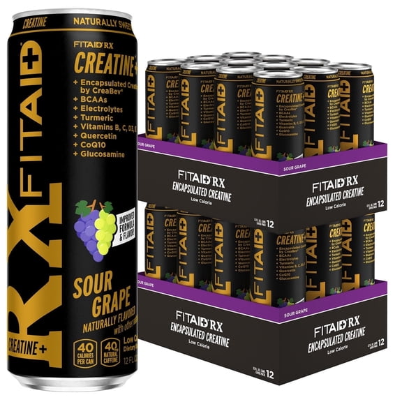 FITAID RX Recovery Blend and Encapsulated Creatine, Sour Grape, 24 Pack. BCAAs, Glucosamine, Electrolytes, Green Tea, 100% Clean, Paleo, Vegan & Gluten-Free, No Sucralose, 12-oz. cans