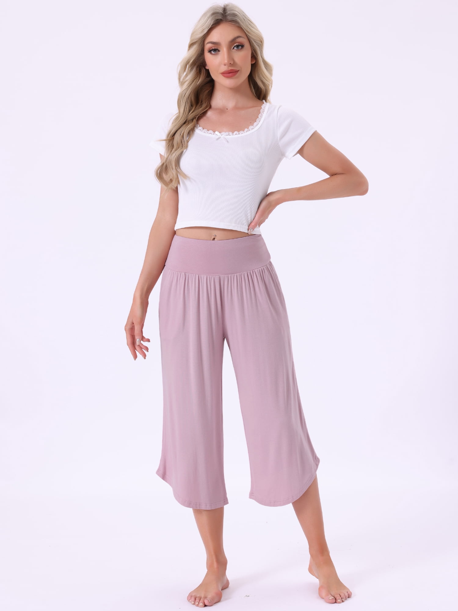 DARING DIVA Women's Capri Lounge Yoga Cropped Summer Casual Wide Leg Pants XS Pink