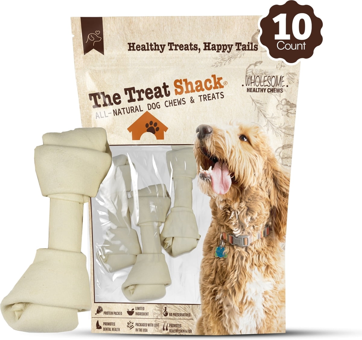 Knotted 8 to 9-in Natural Flavor Rawhide Bone Dog Treats, 10 CT
