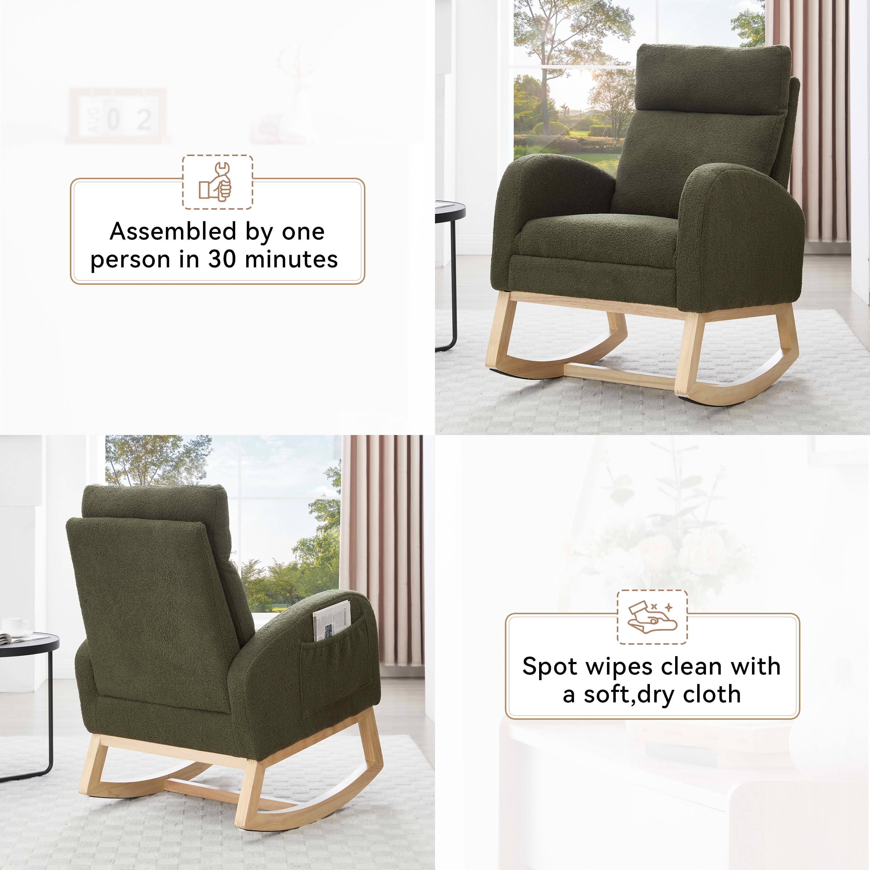 MAYEERTY Teddy Fabric Leisure Rocking Chair, Nursery Chair with Adjustable Footstool, Thickened Headrest, High Backrest & Right-Side Storage Pocket, Solid Wood Base Rocker, Green