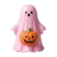 thumbnail image 2 of Fall Halloween Decor, Pastel Halloween Decor, Cute Halloween Decor, Pink Ghost Decor, 4.75X3.5 Inch Smooth Glazed Pink Ghost Statue with Pumpkin, Ideal for Indoor Mantel Desk, 2 of 6