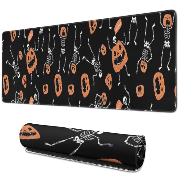 Long Mouse Pads for Desk,Halloween Skeletons and Pumpkins Desk Mats on Top Of Desks, Desk Mouse Pad Extra Large with 3mm Non-Slip Base and Stitched Edge for Gaming,Office,Work,Home 31.5x11.8in