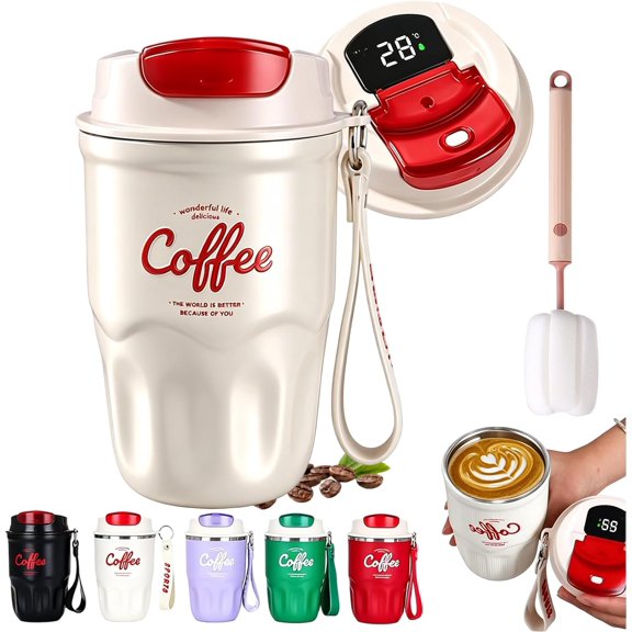 Stainless Steel Vacuum Coffee Flask, Portable Insulated Travel Coffee Mug With Lid & Handle, Regular & Smart Version, Keeps Hot Cold Drinks For Home Office Outdoor Travel (White-Smart)