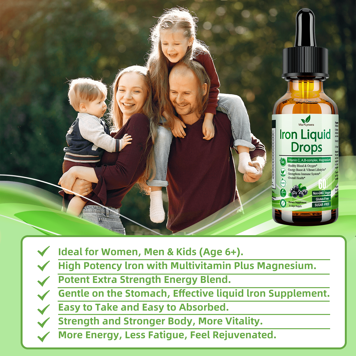 2 Pack Liquid Iron Supplement for Women Men & Kids, Vegan Iron Drops with Vitamin C D, B12, B-Complex, High Potency Liquid  with Multivitamin for Anemia, Energy Support, Magnesium  Gentle