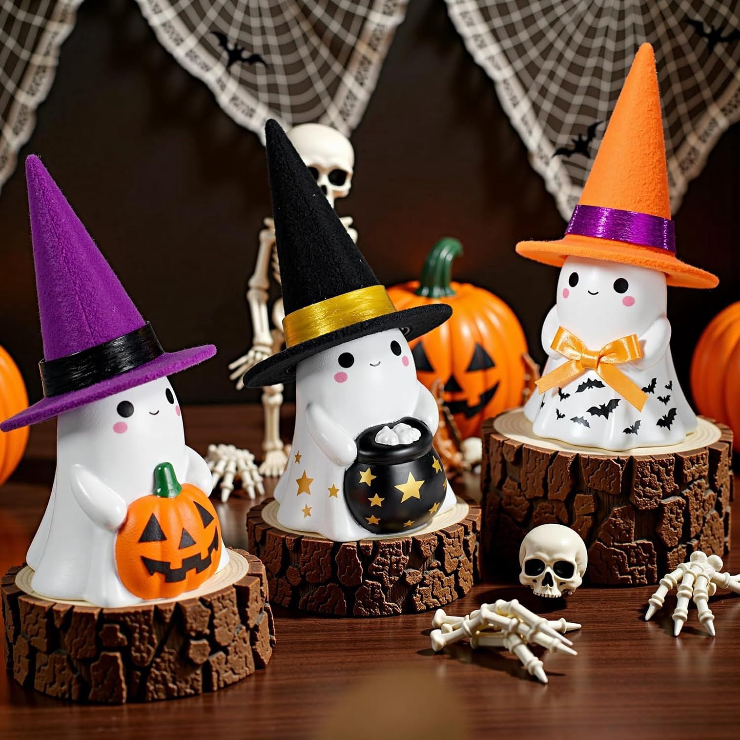 Halloween Decorations Indoor, 3Pcs Cute Spooky Ceramic Ghost Halloween Decorations, Ghost Figurines with Hats, Adorable Tabletop Decor for Mantel, Party, Home, Porch Decor