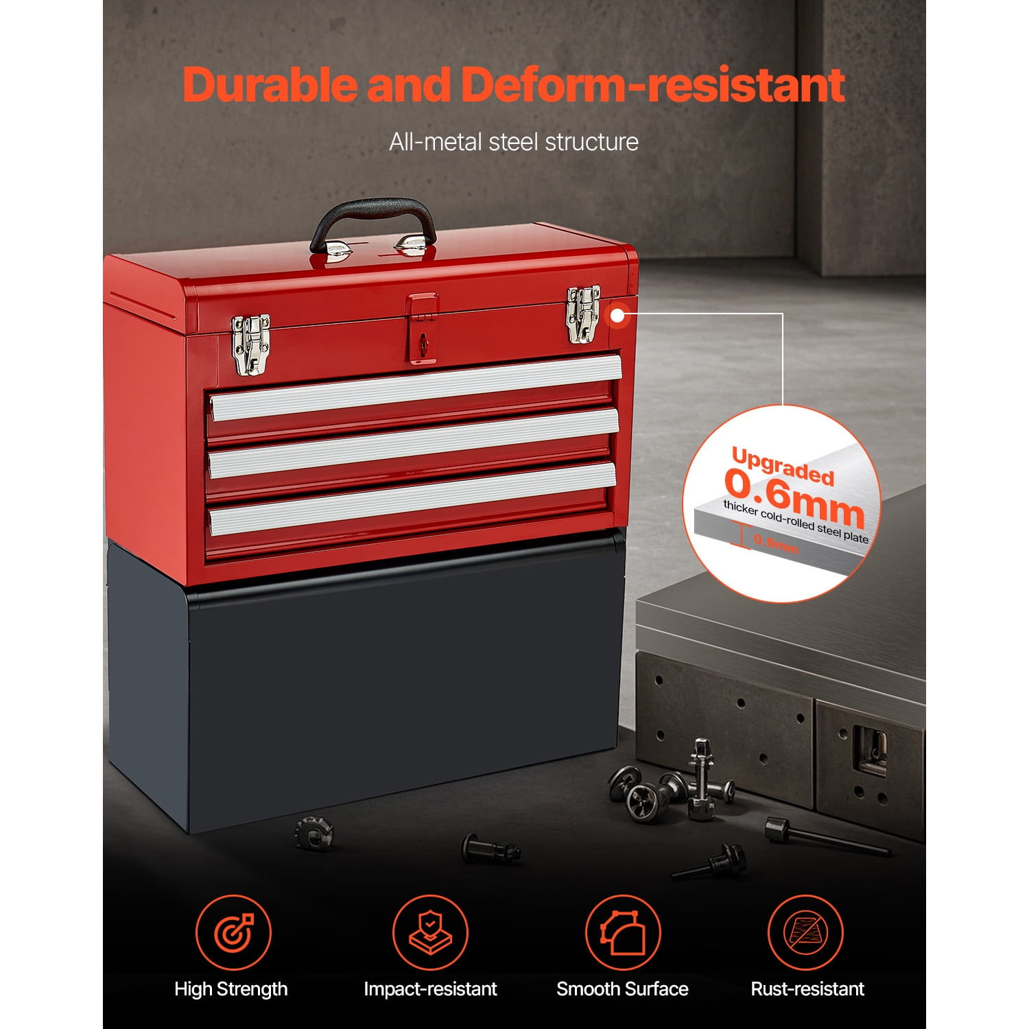 KFFKFF 20.5-Inch Portable Metal Tool Box with 3 Drawers, Small Tool Chest Featuring EVA Liners, Ball-Bearing Slides, Lockable Design, and Powder-Coated Finish, Red Multi-Purpose Organizer