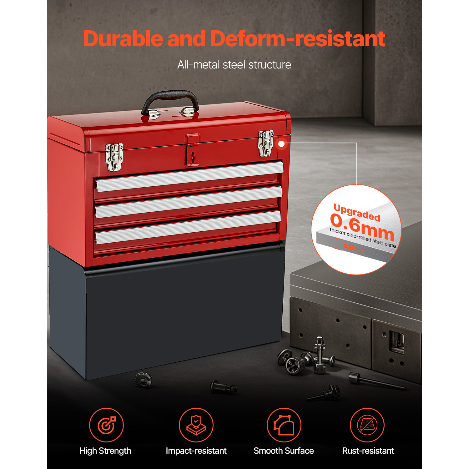 KFFKFF 20.5-Inch Portable Metal Tool Box with 3 Drawers photo 6