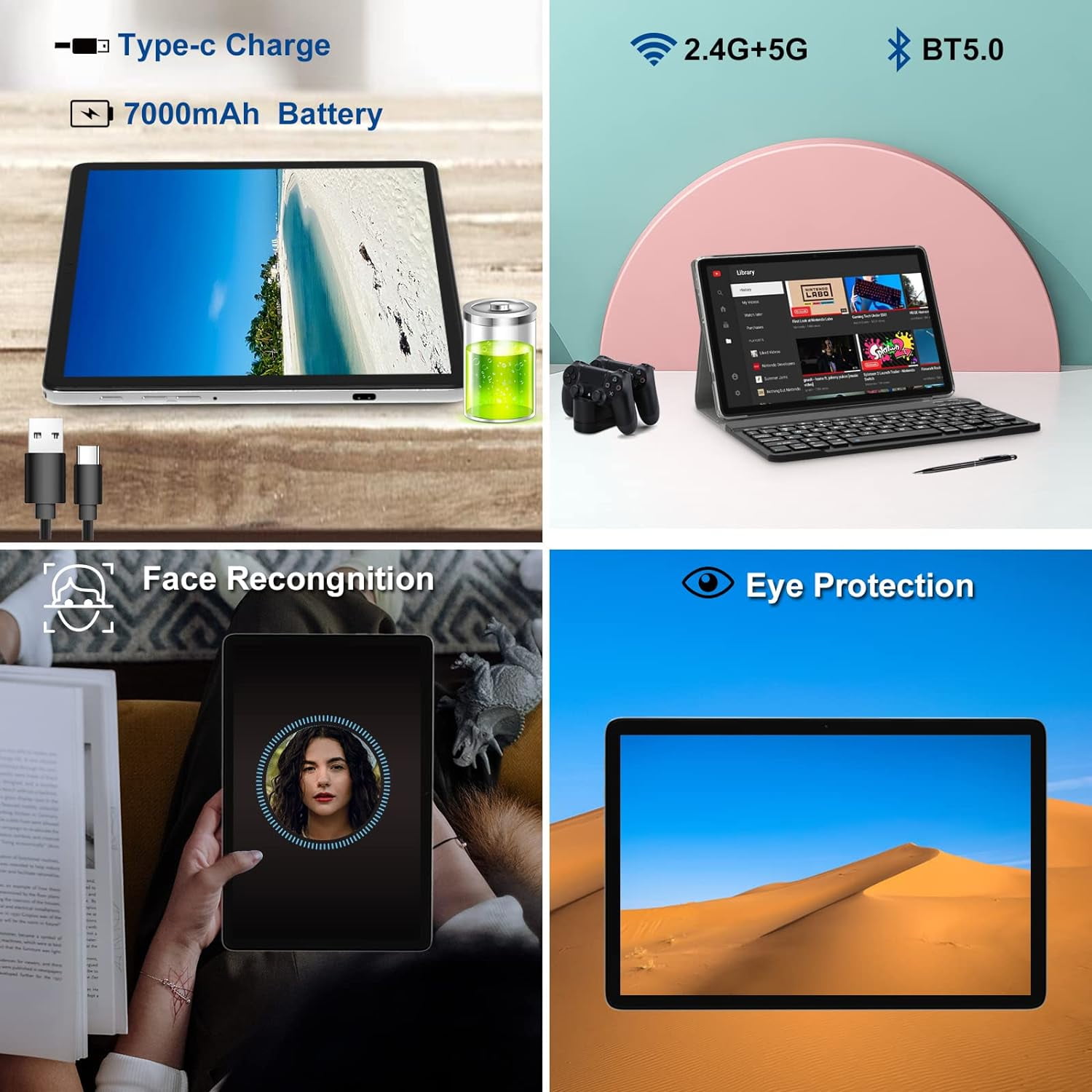 2024 Newest 2 in 1 Tablet, 10 inch Tablet, 128GB Storage, 1TB Expand, Octa Core Android Tablet, Dual Camera 13MP, 2.4G/5G WIFI Tabelt, IPS FHD, with Stylus, Keyboard, Case, BT5.0, 7000mAh Battery, GPS
