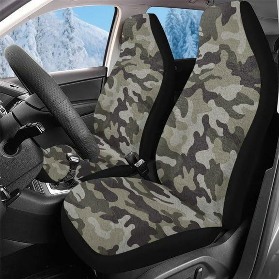 Uorisanigo Car Front Seat Covers, 2PCS Premium Gray Camouflage Vehicle Seat Cushions, Breathable Coral Fleece Cloth Car Accessories Universal for SUVs, Trucks, Cars