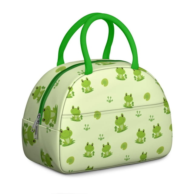 Nature-Inspired Green Frog Lunch Tote, Reusable Insulated Lunch Box with Flower and Plant Pattern, Great for Work, Picnic, or Weekend Travel