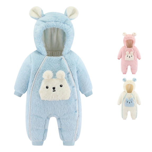 AWZXDE Baby Snowsuit Cute Bear Ear Hood Quilted Side Snap Warm Winter Jumpsuit Outwear Blue - 3-6 Months
