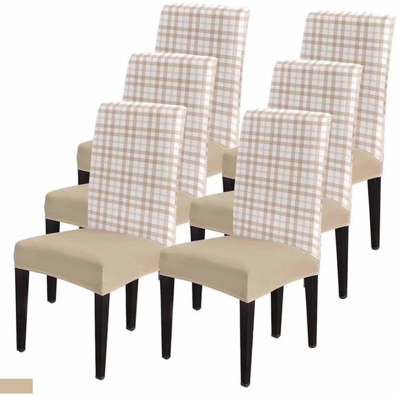 Dining Chair Slipcover, Autumn Farmhouse Light Brown Gingham Buffalo Check Plaid Stretch Parsons Chair Protector Covers Removable Kitchen Chair Covers for Dining Room Banquet, Set of 6