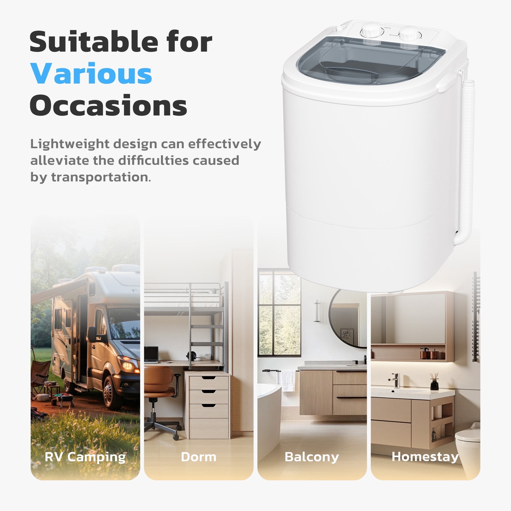 SOLAURA 6.6lbs Portable Washing Machine, Single Tub Small Laundry Washer with Spin Basket, Semi-automatic Washer for Home, Apartment, RV, Dorm & Outdoor (Grey White)
