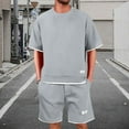 thumbnail image 2 of Xzbqbs Mens 2 Piece Outfits Waffle Knit Sets Crewneck T Shirt and Elastic Waist Drawstring Shorts Fashion Summer Tracksuits for Men, 2 of 7