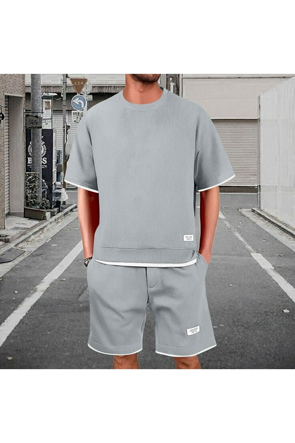 Men Casual And Fashionable Solid Color Short-Sleeved Round Neck Suit With Slit Hem Summer Round Neck Short Sleeve Shorts Cotton Solid Color Split Suit
