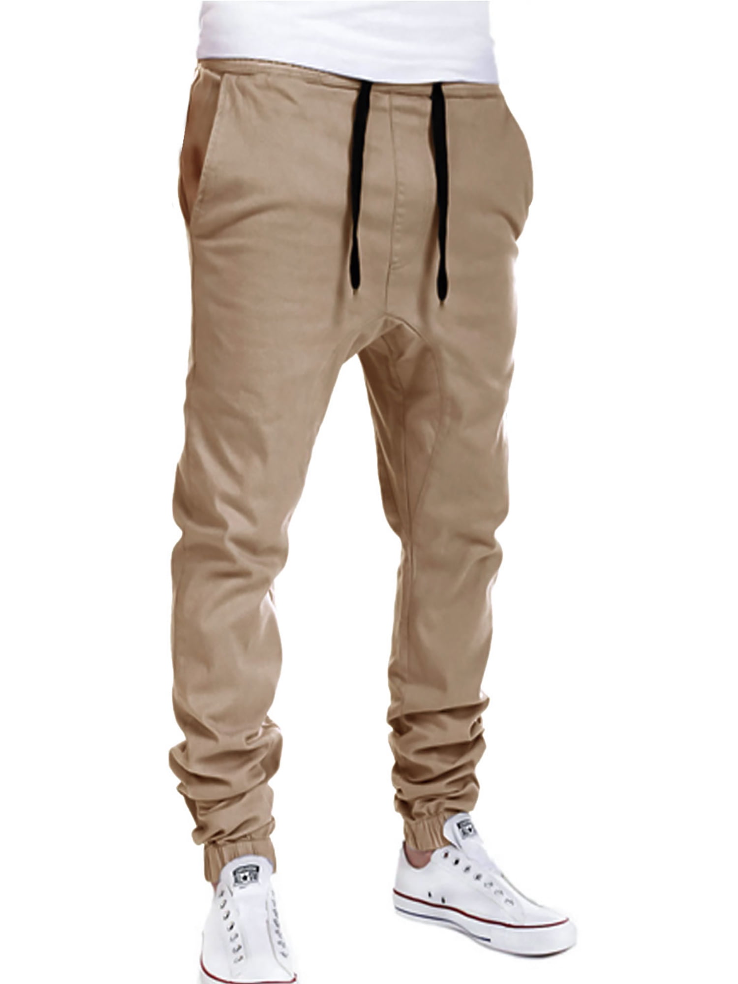 Men Basic Casual Mid Rise Khaki Drawcord Waist Twill Chino Jogger Pant