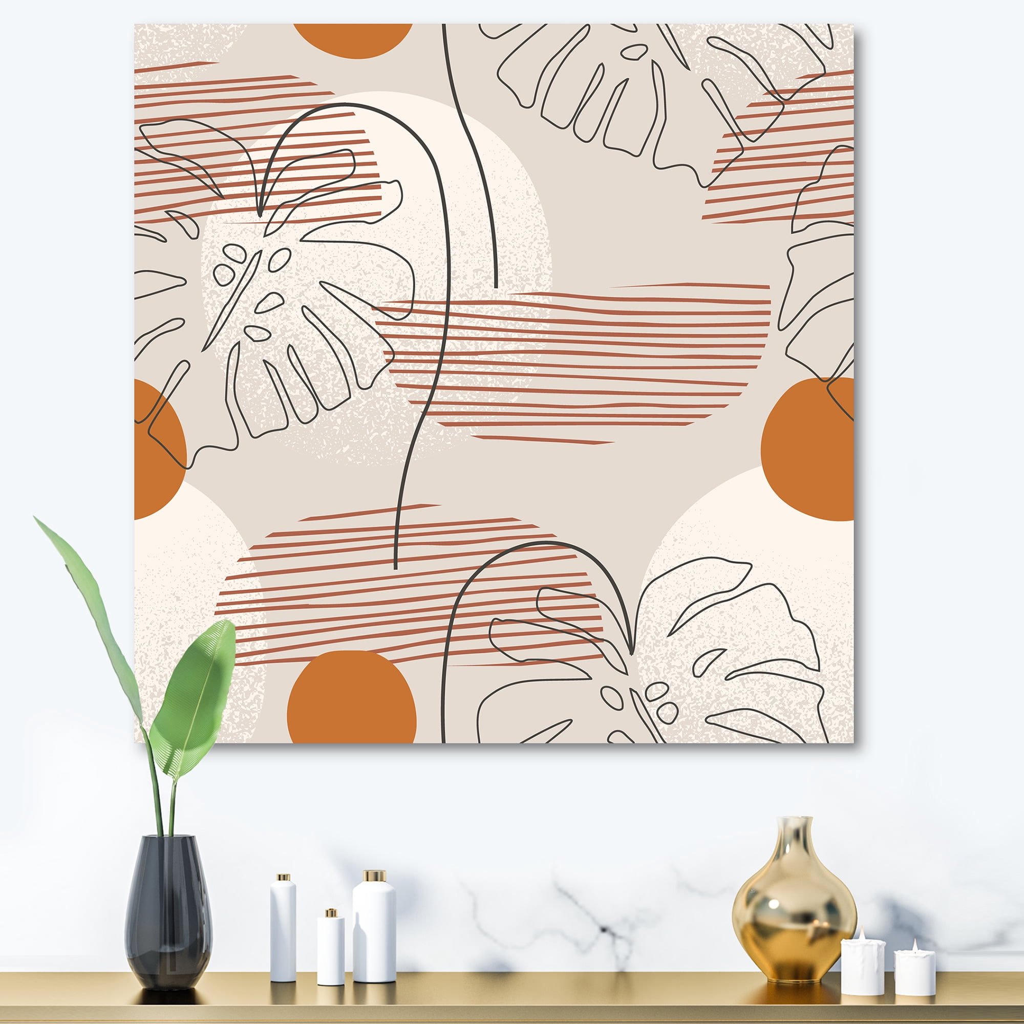 Abstract Monstera Leaf and One Line Art Shapes 30 in x 30 in Painting Canvas Art Print, by Designart