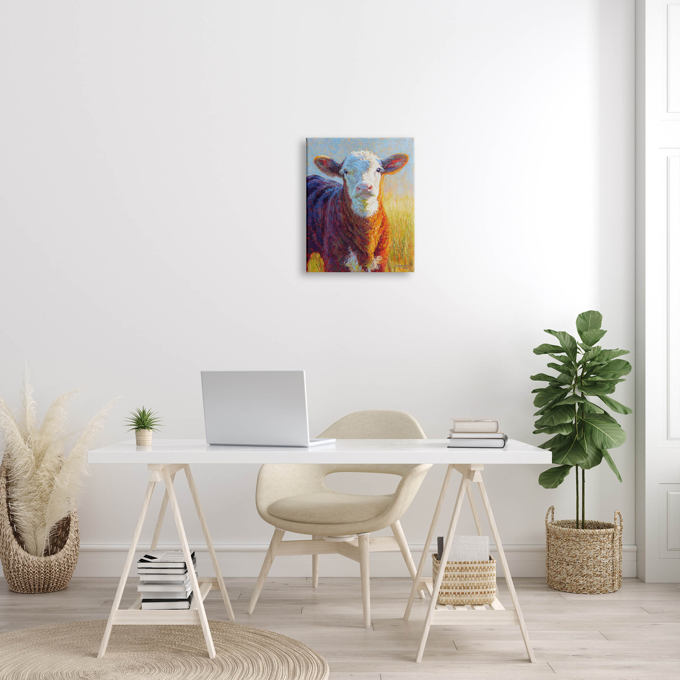 Happy Cow Farmhouse Grassland Animals & Insects Painting Gallery Wrapped Canvas Print Wall Art