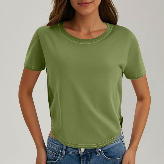 Blczomt Summer Spring Tops for Women Short Sleeve Plain Basic Tees Green 2025 Casual Round Neck Women's T-Shirts