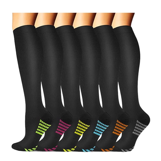 CSChome Bas de Compression 6 Paires Unisexes Haute Élasticité Antidérapant Rayé Soutien Grande Circulation Course Soins Athlétiques