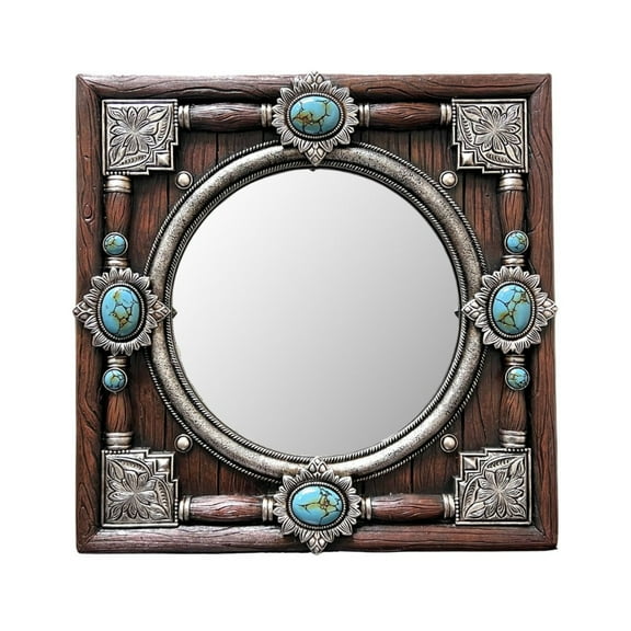 Decorative Round Mirror on a Square Faux Wood Frame in Resin with Turquoise Accent - Vintage Wall Mounted Mirror Rustic Cabin Home Decor- Ideal Gift for Western-themed Home Enthusiasts