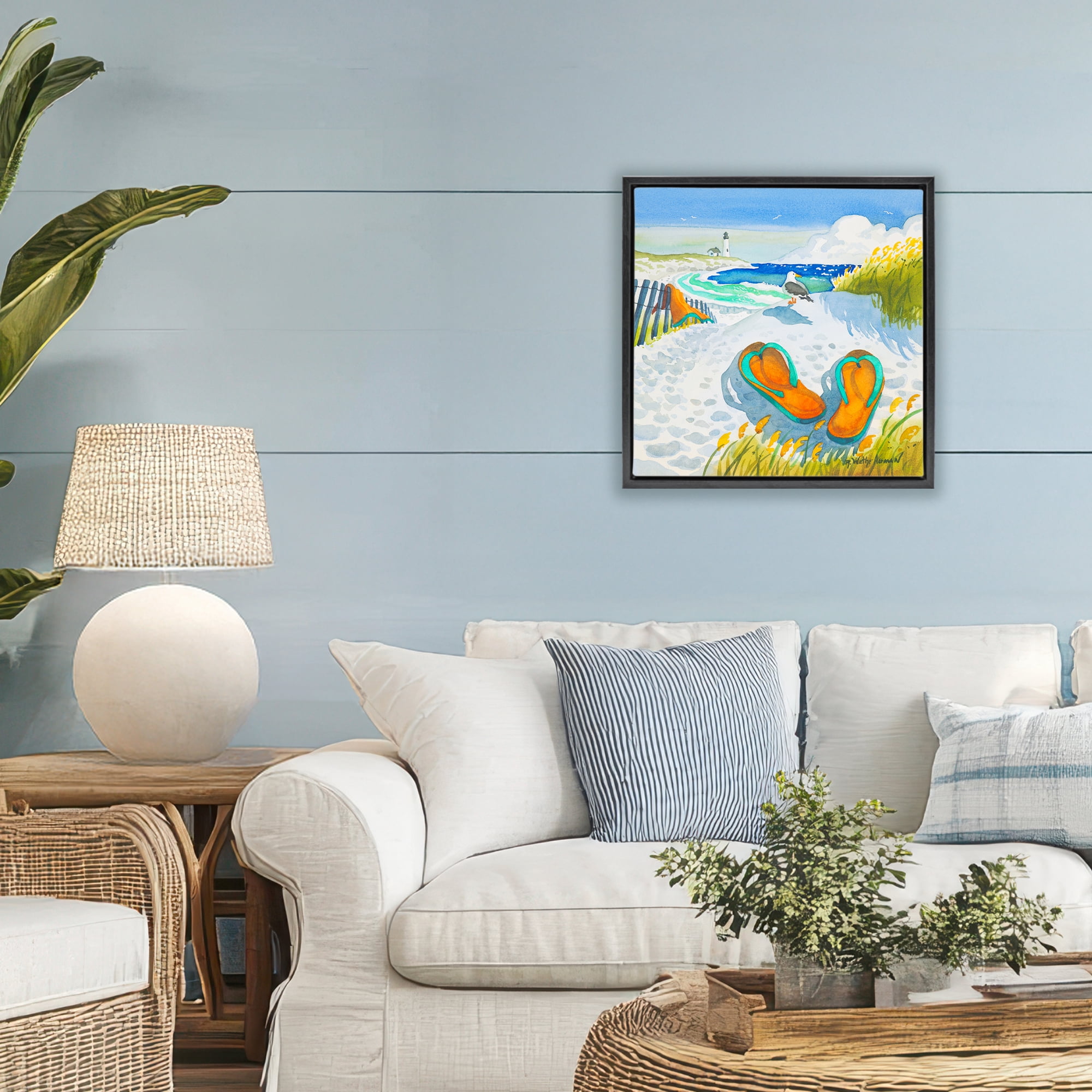 Stupell Industries Seagull & Flip Flops Black Framed Floater Canvas Wall Art, design by Robin Altman