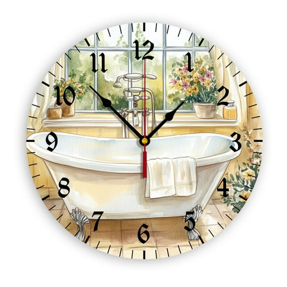 YladaFaie Watercolor Vintage Bathtub Silent Non Ticking Round Wall Clock Home Decor Battery Operated Decorative for Living Room, Kitchen, Bedroom Clock Art
