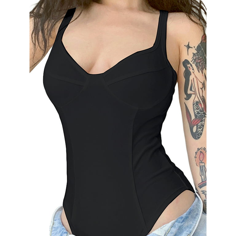 Women Summer Solid Tank Bodysuit Sleeveless Deep V-Neck Push Up Chest Slim  Casual Rompers Tops