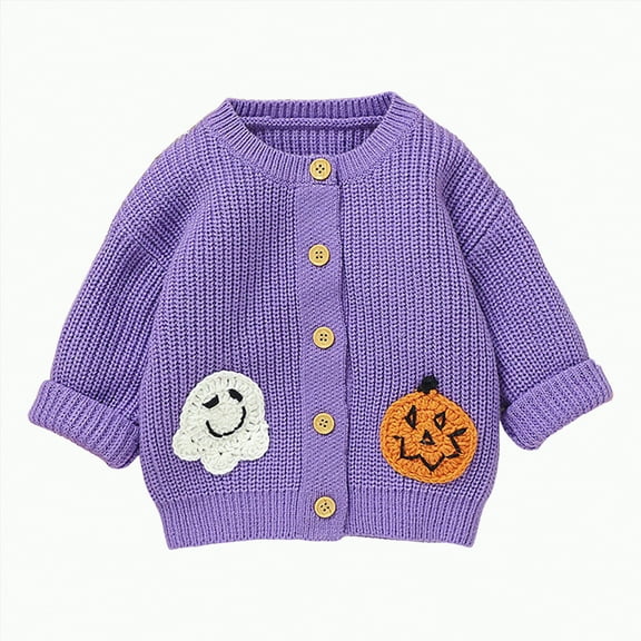 NOLDARES Toddler Girl Cardigan Sweater Baby Halloween Ghost Outfit Button Up Lapel Blouse Sweaters Jacket Infant Knitted Clothes(Purple,6-9 Months)