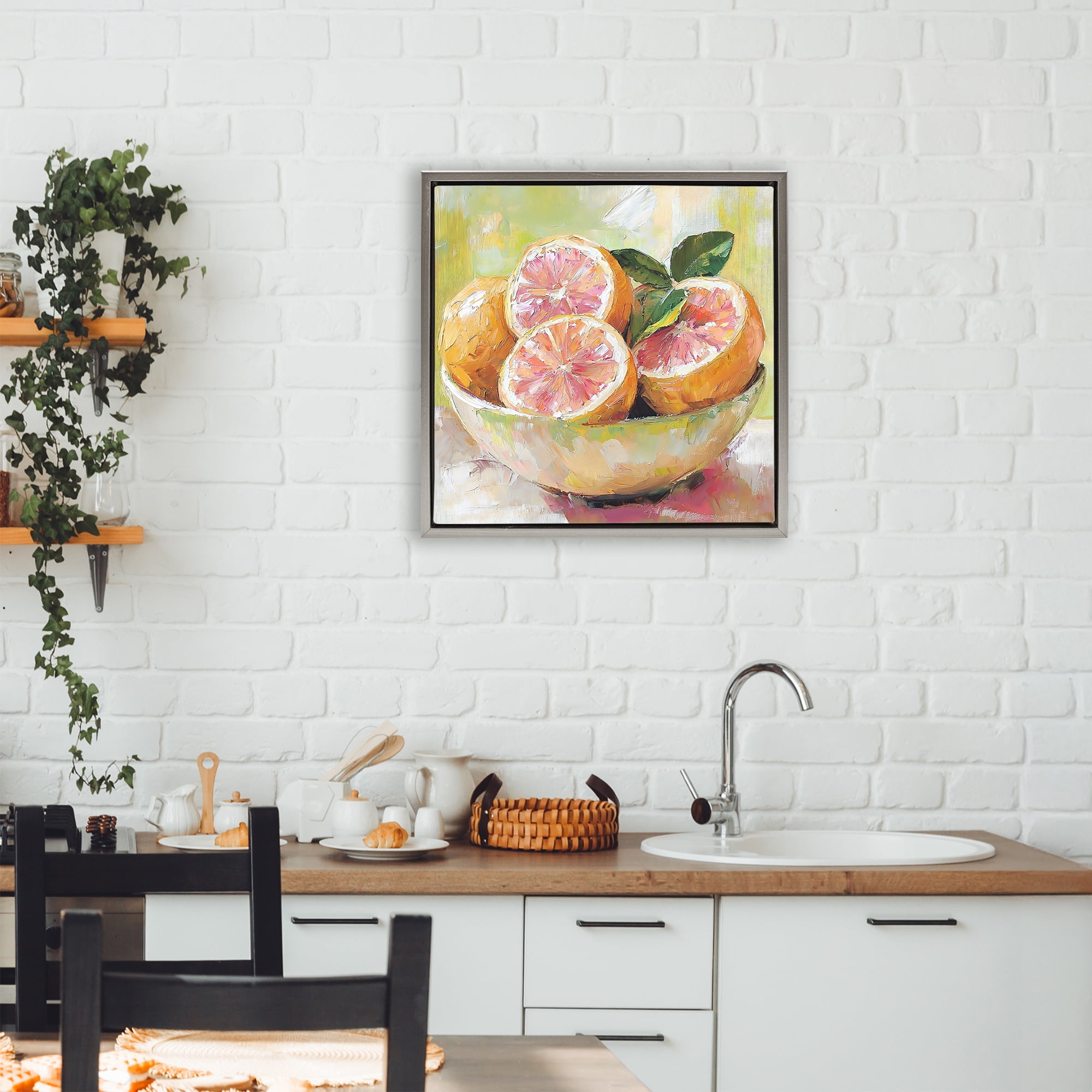 Stupell Industries Bold Grapefruit in Ceramic Bowl Gray Framed Floater Canvas Wall Art, design by Riley B