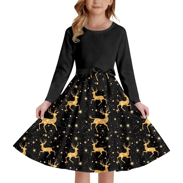 oqasdz Robe Fille Imprimée Robe de Fête avec Lacets devant Manches Longues et Dos Élastique Fermeture Éclair pour Fête de Vacances