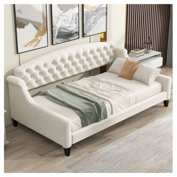 Modern Tufted Button Daybed, Twin, Beige, No Box Spring