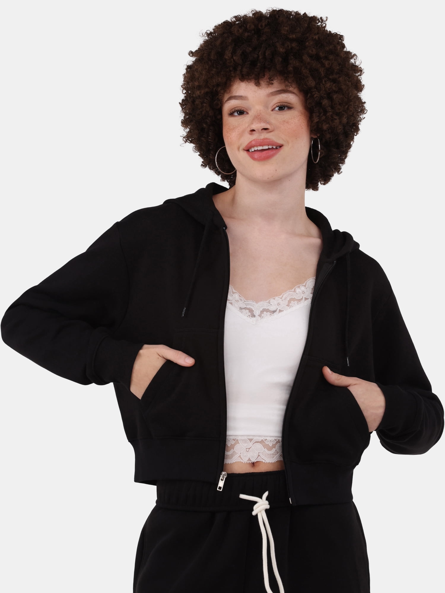 No Boundaries Cropped Fleece Zip Hoodie, Women’s