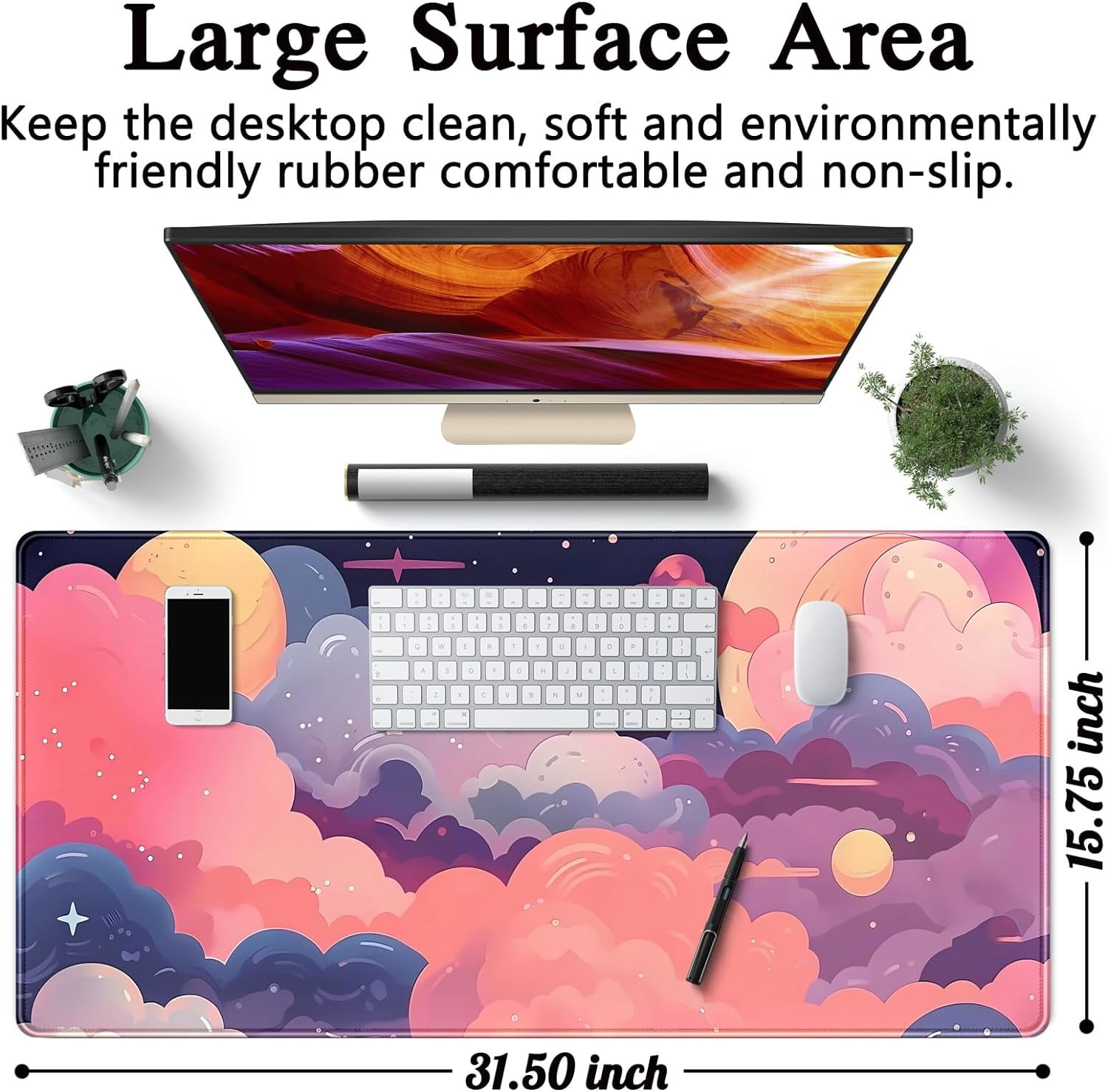 Cute Desk Mat Kawaii Clouds Pink Purple Desk Pad Anime XXL Large Mouse Pad Big Full Desk Gaming Mousepad Laptop Computer Keyboard Mouse Mat 31.5''X 15.7'' Cute Desk Decor Accessories