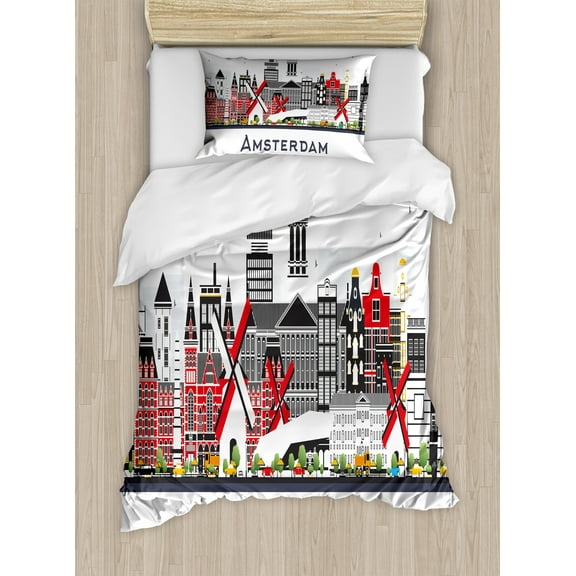 Amsterdam Duvet Cover Set, Holland City Skyline with Urban Buildings Travel Destinations, Decorative 2 Piece Bedding Set with 1 Pillow Shams, Twin Size, Vermilion White, by Ambesonne
