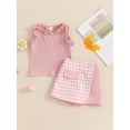 thumbnail image 4 of Aojekbee Toddler Girl Summer Outfit Solid Color Frills Round Neck Sleeveless Tank Tops and Houndstooth Shorts 2Pcs Clothes Set, 4 of 10