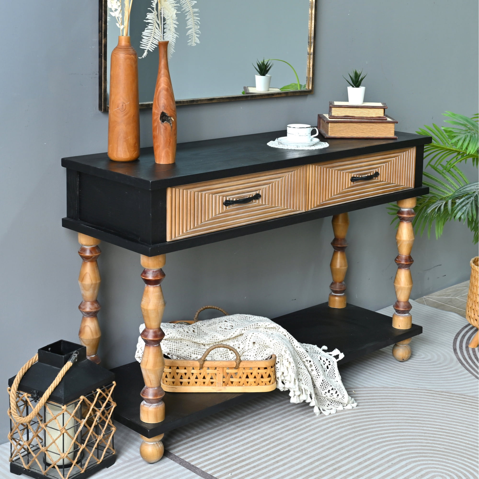 Leumius 47.64" Accent Rustic Carved Table, Rectangle Solid Wooden Console Table with Open Shelf and 2 Drawers for Kitchen, Dining Room, Living Room