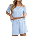 thumbnail image 1 of Women's Boho Two Piece Outfit Short Sleeve Ruffle Off Shoulder Top and Drawstring Shorts Beach Holiday Set Loungewear, 1 of 7
