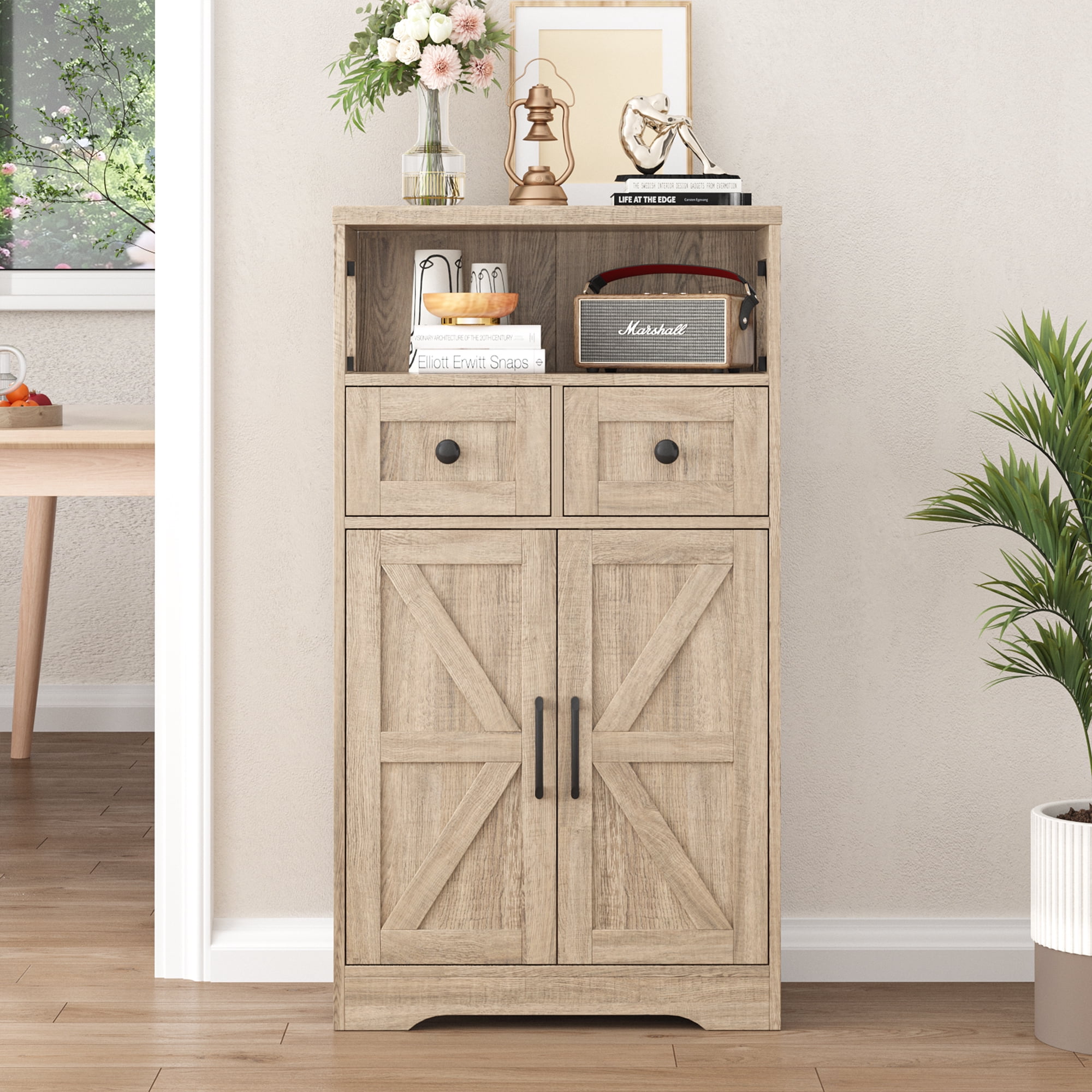 Farmhouse Storage Cabinet with Drawers and Shelves, Natural