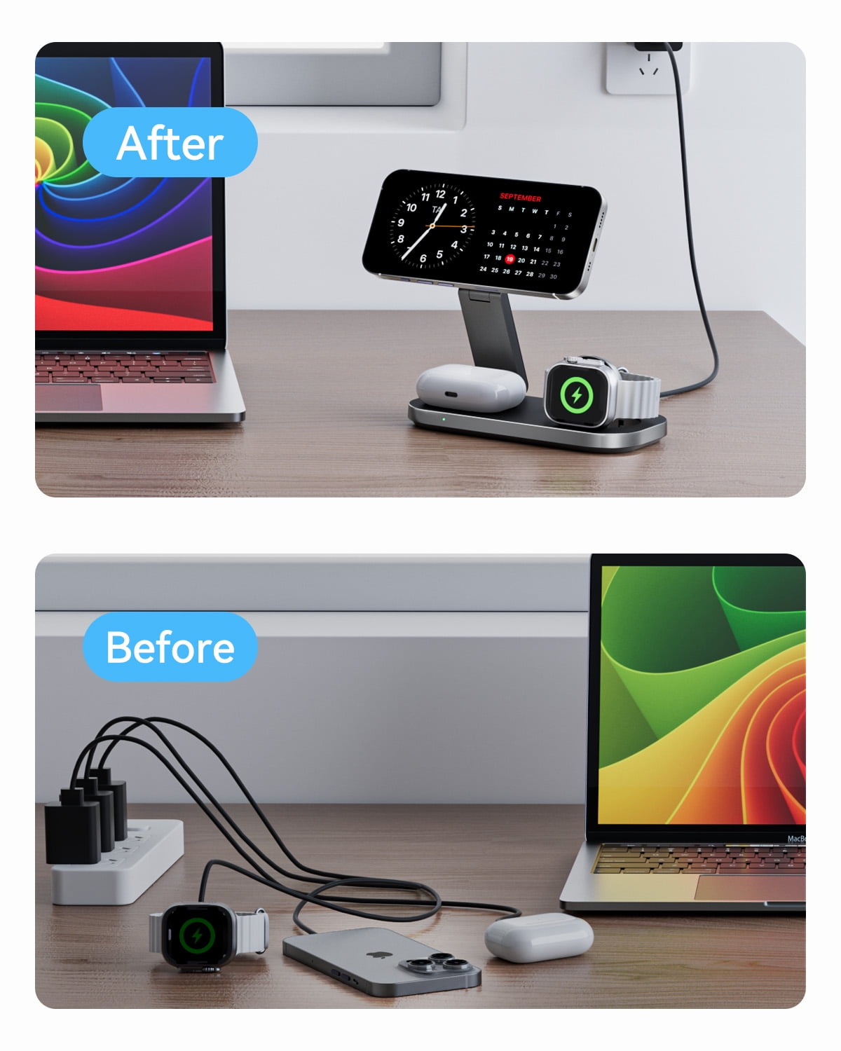 Waloo Foldable 3 in 1 Wireless Charging Station for Apple Magsafe Charger Stand, for iPhone 17 Air 16 15 14 13 12 Series, Airpods Pro ,Apple Watch