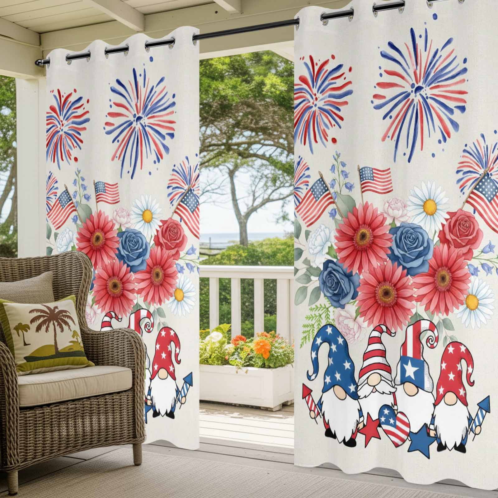Independence Day Outdoor Curtains for Patio, Red Blue Gnome Floral Flag Fireworks Beige Sunshade Privacy Drapes Grommet Waterproof Outside Curtains for Porch/Cabana/Balcony 54"x 108", 1 Panel