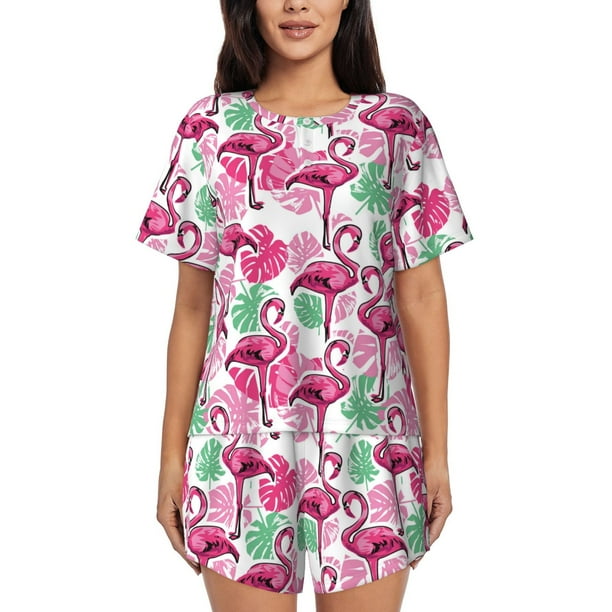 Fotbe Flamingo Conjunto de Pijama Estampado para Mujer, 2 Piezas, Ropa de Dormir con Camiseta de Manga Corta y Shorts Suaves-3X-Large