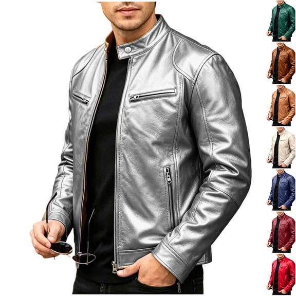 Husipze Men's Stand Collar Pu Leather Jacket Motorcycle Lightweight Faux Leather Outwear Zip Up Slim Fit Coat with Pockets Silver 3XL